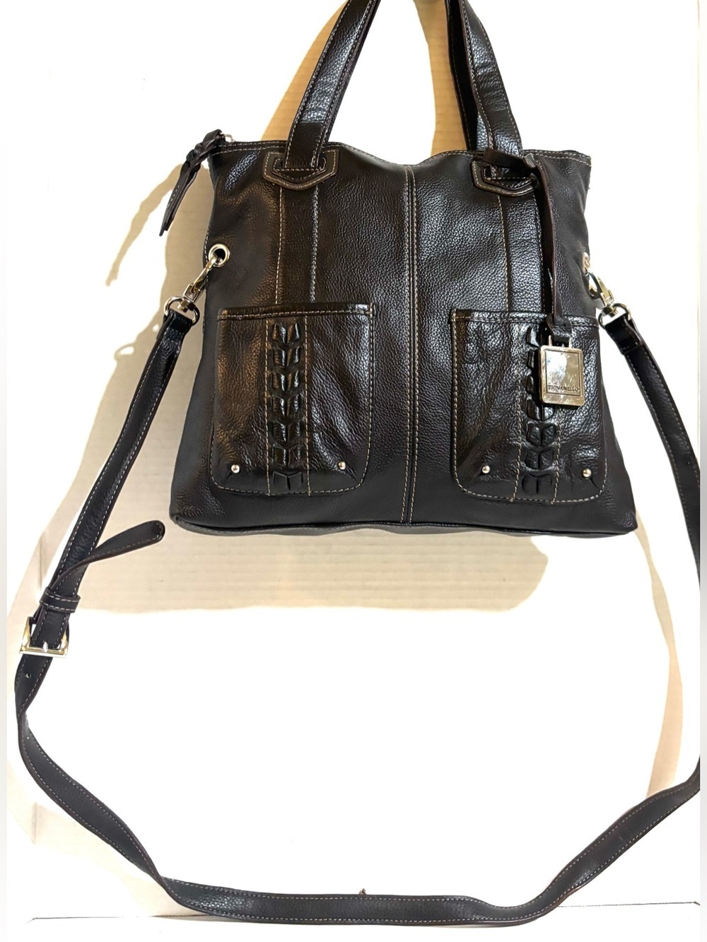 Tignanello Black Leather Shoulder Bag with Braided Pocket Detail